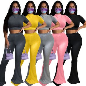 Survêtement femme tenues à manches courtes ensemble 2 pièces T-shirt + pantalon évasé femmes vêtements sportsuit décontracté solide vêtements pour femmes klw4654