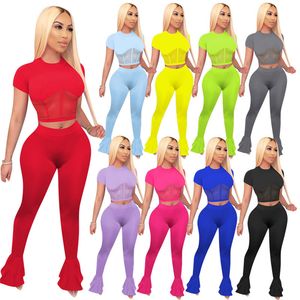 Femmes survêtement vêtements de sport survêtement costume 2 pièces à manches courtes tulle lambrissé hauts pantalon évasé couleur unie pantalon à cloche 3358