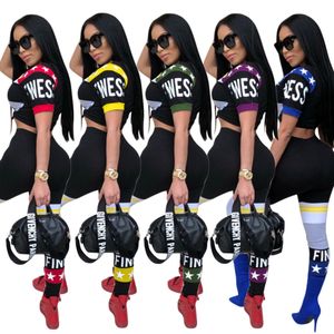 Femmes Survêtement D'été Sportswear Lettre Imprimé T-shirt Crop Top + Crayon Pantalon 2 PCS Ensemble Filles Jogging Sexy Sport Costume Tenues OOA4909