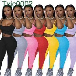 Femmes Survêtements Deux Pièces Ensemble Designer Slim Sexy Sans Manches Casual Sport Couleur Unie Gilet Pantalon Jarretelles Pantalon Sportwear 712