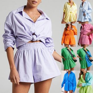 Femmes survêtements bleu costume 2022 décontracté ample à manches longues chemise été hauts et Mini Shorts mode survêtement deux pièces ensemble tenues