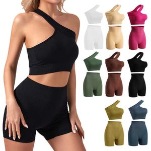 Femmes survêtements soutien-gorge sous-vêtements deux pièces tenues côtes sport Fitness antichoc hors une épaule beauté gilet confortable costume décontracté