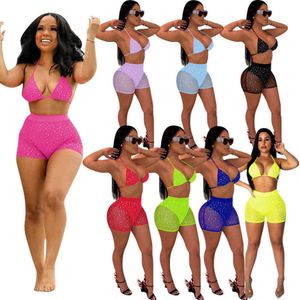 Dames Trainingspakken Sexy Bikini 2 Stuk Outfits Set Summer Beach Swimsuit Mesh Pailletten Bra Shorts Badmode Past Nightclub Kleding