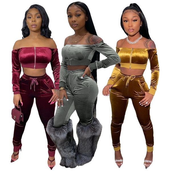 2024 Designer Femmes Survêtements Sexy Hors Épaule Deux Pantalons 2 Pièces Ensemble Vêtements D'automne Solide Velours Ensembles Assortis Veste Crop Top Pantalon Costume Gros Vêtements 9002