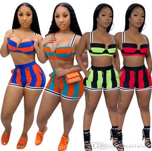 Zomer Dames Trainingspakken Mouwloze Sling Vest + Shorts Multicolor Gestreepte Tweedelige Sets Yoga Outfits Gym Kleding Plus Size 959