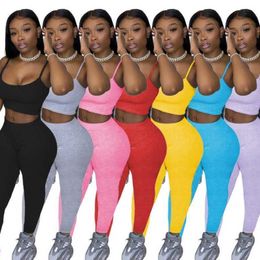 Femmes Survêtements Deux Pièces Pantalon Ensemble Designer Sexy Sling Tops Casual Costume De Sport Solide Couleur Mince Jarretelles Legging Tenues