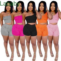 Trajes de las mujeres Dos piezas Set Deisgner Slim Sexy Casual Color Sólido One Shoulder Chaleco Shorts Pantalones Pantalones Trajes 5 Colores