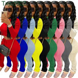 Femmes Survêtements 2 Pièces Ensemble Designer Couleur Unie À Manches Longues T-shirt Pantalon Plissé Tenues Casual Plus La Taille Jogging Costumes 9 Couleurs