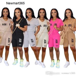 Femmes Survêtements Deux Pièces Ensemble Designer 2024 Nouvelle Mode Imprimé Slim Fit Poche Sport Short À Manches Courtes Sportwear 6 Couleurs