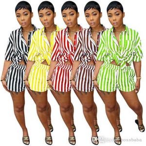 Survêtements pour femmes Designer 2023 Summer Stripe Print Set Chemise ample Deux pièces Shorts Ensemble Laple Neck Blouses Tenues