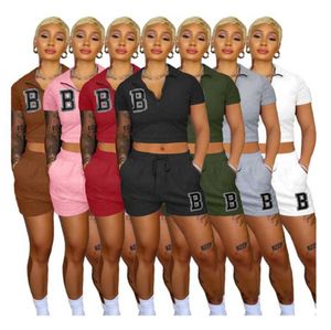 Femmes Survêtements Deux Pièces Ensemble Designer D'été Casual Fermeture Éclair À Manches Courtes Couleur Haute Élastique Tissu Sportswear Lettre B tenues d'impression