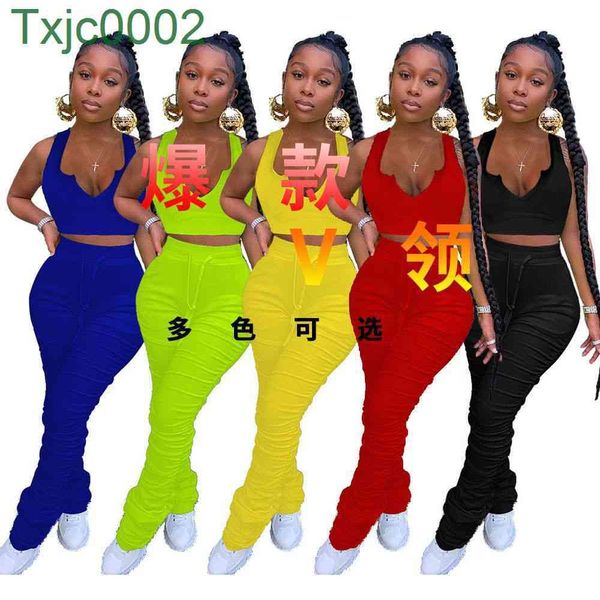 Femmes Survêtements Deux Pièces Ensemble Designer Tenues Slim Sexysolid Couleur Pantalon Plissé V Zéro T-shirt Sans Manches Costumes Sportwear 5 Couleurs