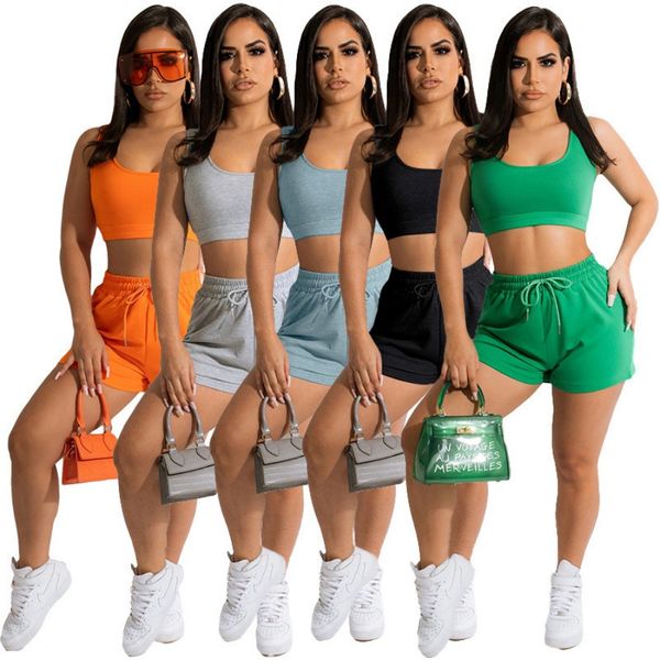 Chándales de mujer Conjunto de dos piezas Diseñador 2023 Pantalones cortos de color sólido Camiseta sin mangas con cordón Conjunto de pantalones cortos Verano Sexy Casual Sportwear S-2XL trajes de mujer 7029 mejor calidad