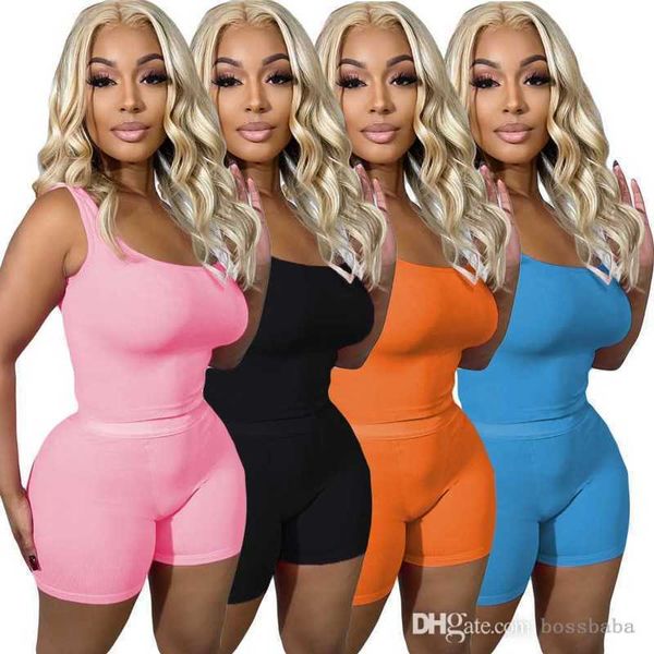 Femmes Survêtements Deux Pièces Ensemble Designer 2023 Été Nouvelle Couleur Unie Pit Stripe Gilet Shorts Dames Costumes De Sport 4 Couleurs