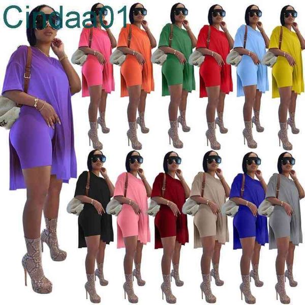 Chándales de mujer Conjunto de dos piezas Trajes Diseñador Color sólido Dividir Leggings de manga corta Camisa suelta Tops Pantalones cortos Jogger Trajes Sportwear