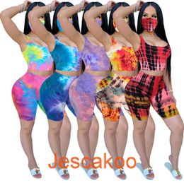 Dames Trainingspakken Twee stukken Set Tie Dye Casual met Gezichtsmasker Dameskleding Korte Mouw T-shirt Pakken Plus Size Outfits Sportwear 2022