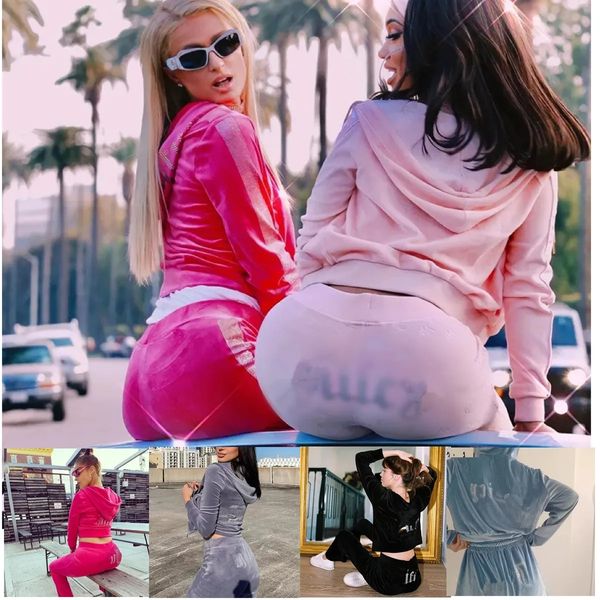 Diseñador Juicy Chándal de dos piezas Conjunto de terciopelo jugoso Traje de mujer Conjunto de pista Traje Terciopelo Manga larga Cremallera Coture Sudaderas Trajes deportivos Slim con capucha