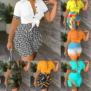 Chándales de verano Ropa de diseñador para mujer Collar Camisa con estampado de bolsillo en 3D y pantalones cortos Conjunto de dos piezas Tallas grandes 3xl