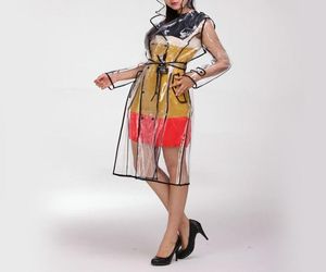 Femmes Transparent EVA imperméable imperméables avec ceinture piste claire longue coupe-vent à capuche genou longueur extérieur vêtements de pluie 1560627