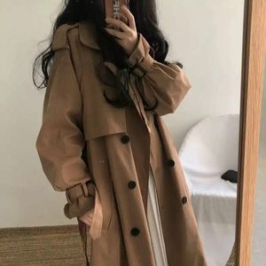 Gabardina de mujer estilo largo temperamento fajas con lazo doble botonadura ajustada estudiante todo fósforo Chic Ulzzang abrigo delgado moda Ins