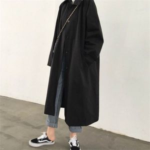 Femme Trench Solid Black Plus Size Retro Bouton Single Breasted Loose Line Long Longle Longs Streetwear Student 211021
