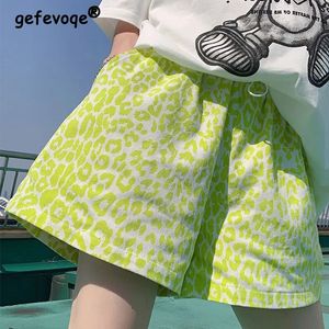 Femmes Trendy Leopard Imprimé Streetwear décontracté Y2K Beach Aline Shorts Summer High Taist Pockets Low Wide Jam Short Pants 240411