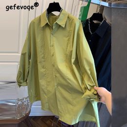 Dames Trendy ruches oversized revers button-up shirt eenvoudig casual streetwear vintage blouse effen lange mouwen tops blusas mujer 240322