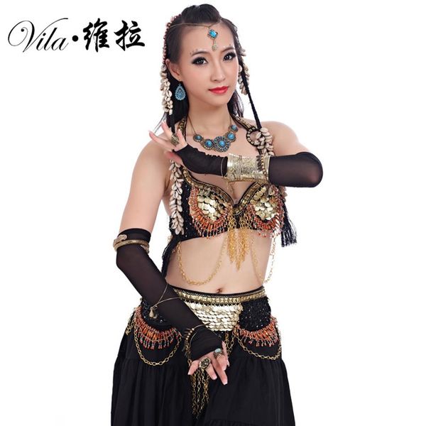 Ropa de danza del vientre Tribal para mujer, conjunto de 2 piezas, conjunto de sujetador con cuentas de bronce antiguo, faldas con cinturón, trajes de baile gitano 360F