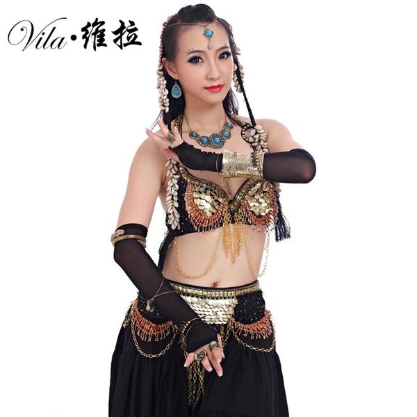 Femmes Tribal Belly Dance Wear 2Pieces Outfit Set Antique Bronze Perles Soutien-Gorge Ceinture Jupes Gypsy Dance Costumes328q