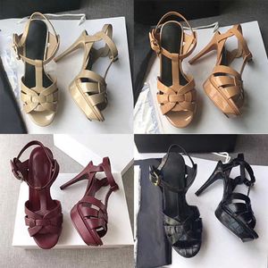 Clásicos Zapatos de tacón para mujer Sandalias Plataforma de cuero de moda Sandalias peep-toes Zapatos de vestir con correa en T de cuero de metal Zapatos de boda 10 cm con caja NO23