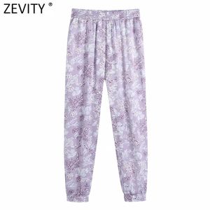 Femmes Tropical Floral Print Purple Harem Pantalon Femme Chic Taille élastique Casual Slim Longueur de la cheville Pantalones Mujer P1026 210416