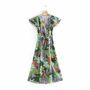 Dames Tropische bladeren Floral Print Sashes Lange Jurk Dames Chic Cross V-hals Vakantie Vestidos Casual Strand Jurken DS2379 210420