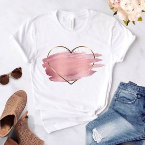 T-shirt femme Heart Flower Print Womens T-Shirt Ladies Casual Basic O-Collar White Shirt Short Sleeve Ladies T-Shirt Love Graphic Printing