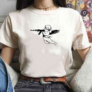 Femmes T-shirts Ange avec pistolet Esthétique Hipster Mode d'été à manches courtes en coton Grunge Graphic Tee Kawaii Mignon T-shirt Tops 210518