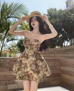 Dames tube top strapless bloem jacquard hoge taille bal jurk print korte jurk SML