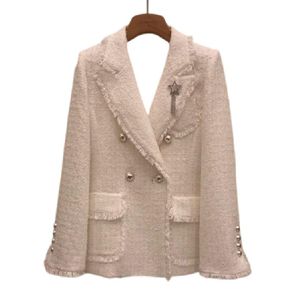 Femmes baissent le col long en tweed en laine blanc couleur moyenne de blazer de lesinet manteau plus taille sml