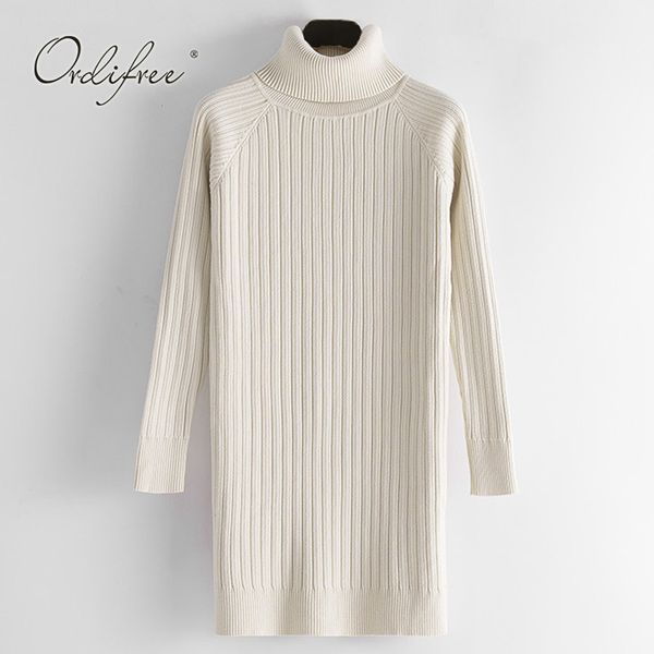 Mujeres cuello alto de punto Otoño Invierno Streetwear Casual cálido grueso blanco mujer suéter vestido 210415