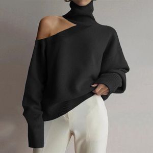 Pull tricoté à col roulé pour femmes, asymétrique épaule dénudée, Sexy, couleur unie, hauts pullover, mode ajouré, Streetwear