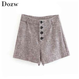 Femmes Tweed Mini Shorts Bouton élégant Taille haute Automne Hiver Dames Bureau Pantalon court Casual Bottoms 210515