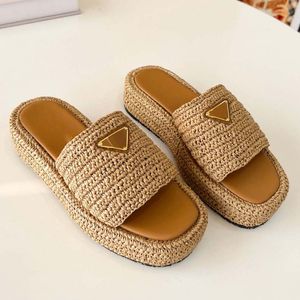 Dames Tweed Stro Geweven Slippers Sandalen Slip Wedge Flats Mode Strand Mule Merk Slippers Casual Slippers Schoenen Platform Ketting Rubberen Slider