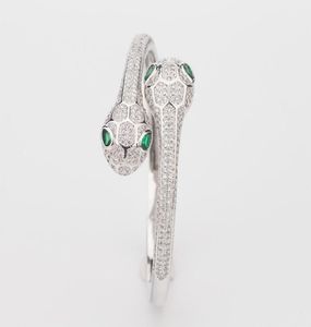 Dames Tweekoppige Open Armbanden Sieraden Handgemaakte Natuurlijke Smaragd Sterling Zilver Vrouw Elasticiteit Dierenarmband Bruiloft Sieraden a049905115