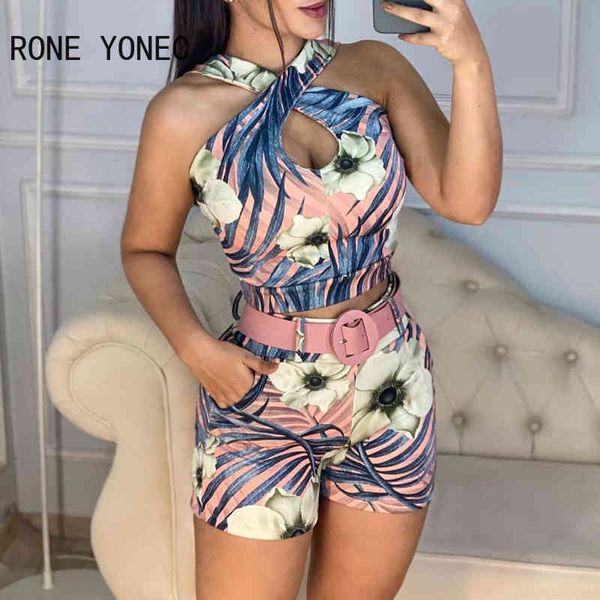 Mujeres dos piezas conjunto halter sin mangas estampado floral entrecruzado halter estampado tropical flaco mameluco traje de verano x0428