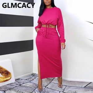 Femmes Two Piece Casual Robe Cost à manches longues Crop Top Slit Maxi Jirt Set 210730