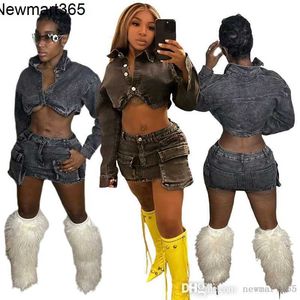 Femmes deux pièces robe ensemble concepteur 2023 nouveau Denim jupe ensemble décontracté 3D poche jupe élastique et Sexy