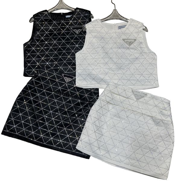 Robe deux pièces brillante avec strass pour femmes, ensemble gilet sans manches, jupe slim Sexy, tenue d'été