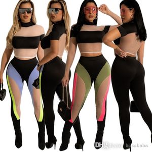 Vrouwen Tweedelige Broek Set 2023 Nieuwe Mode Mesh Stiksels Contrasterende Kleuren Korte Mouw yoga Leggings Slim Fit Pak