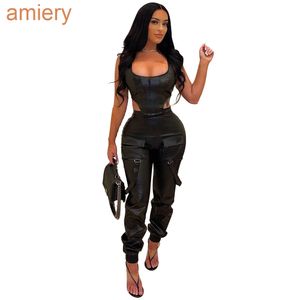 Vrouwen tweedelig broek Set Spring Design Zipper Sexy mouwloos vest en broek met pocket hoge elasticiteit PU lederen tracksuits