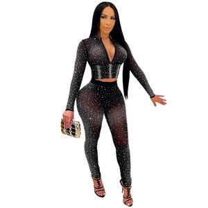 Vrouwen tweedelige broek sets sexy lange mouw zien door strass bodycon jumpsuit romper clubwear