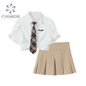 Vrouwen tweedelig set ontwerp ruche mouw shirt en hoge taille geplooide rok preppy stijl zomer mode pak vrouwelijke student 210515