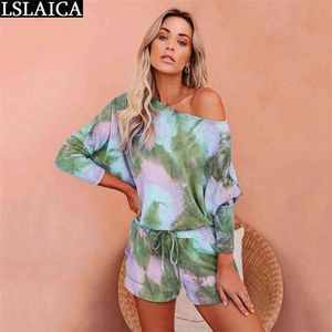 Conjunto de dos piezas para mujer Verano O-cuello Crop Top Shorts Tie-Dye Casual Entrenamiento Streetwear Plus Tamaño Conjuntos Komplety Damskie 210515